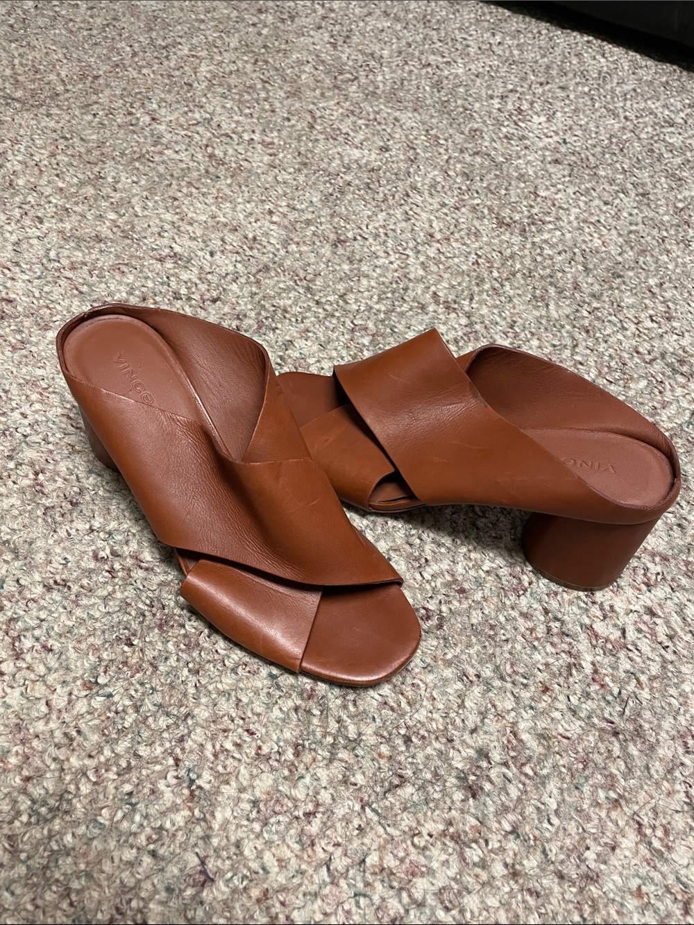 Vince leather heeled open toe mule slide sandals